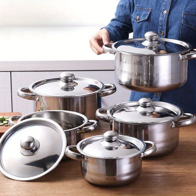 Set of 5 Stainless Steel Cookware Pots with Lids, Heat-Proof Handles