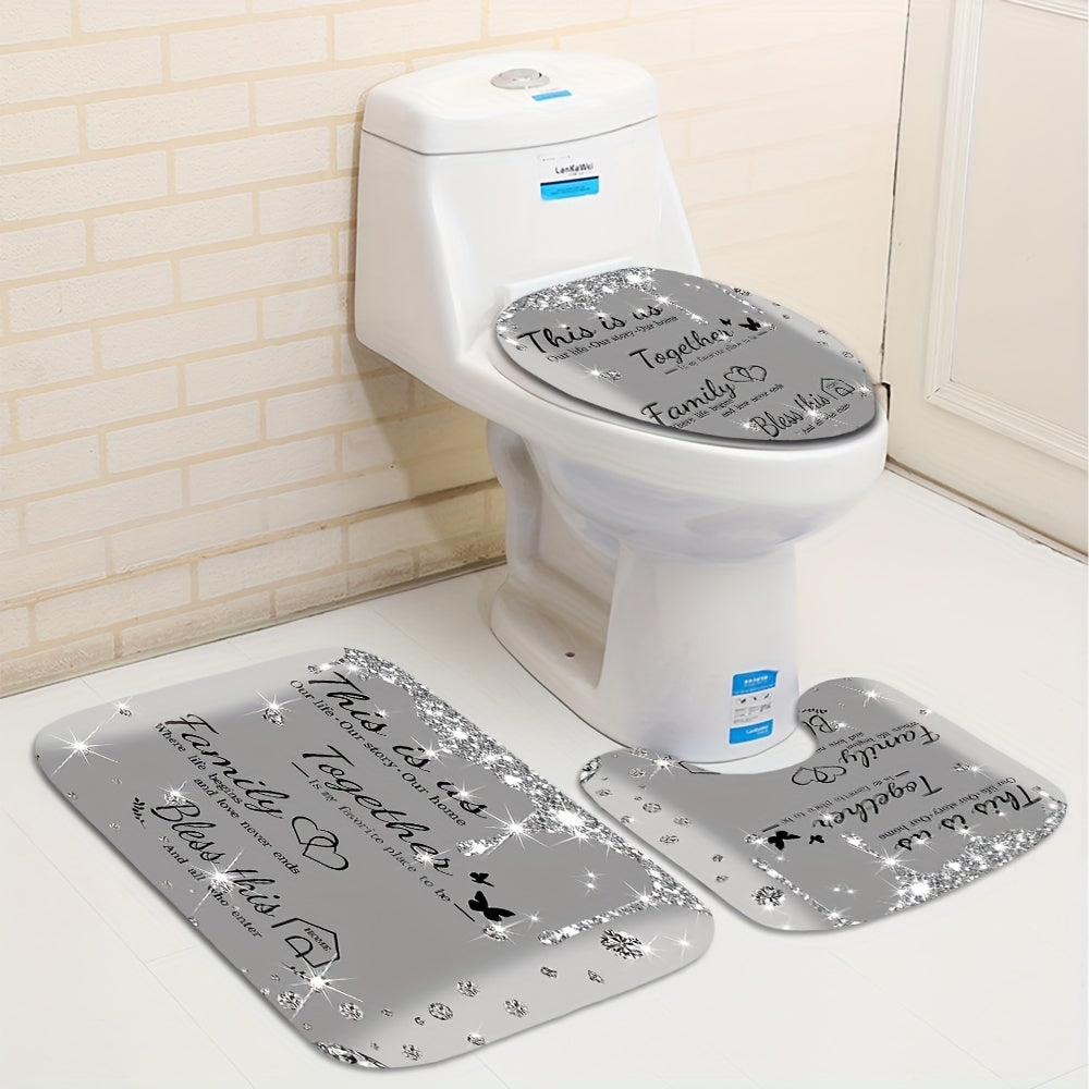 Set of 4 Gray Shower Curtains with Diamond Letter Print Bath Mats Non-Slip Carpet Toilet Lid Cover Bathtub Partition