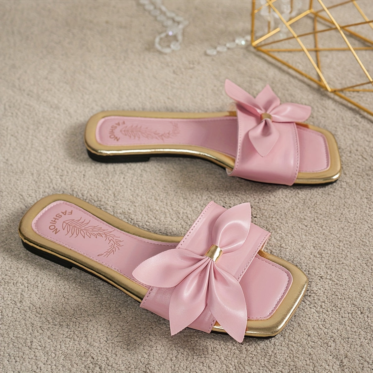 Women's Flat Square Toe Slip-On Sandals with Bow, Pink and Gold