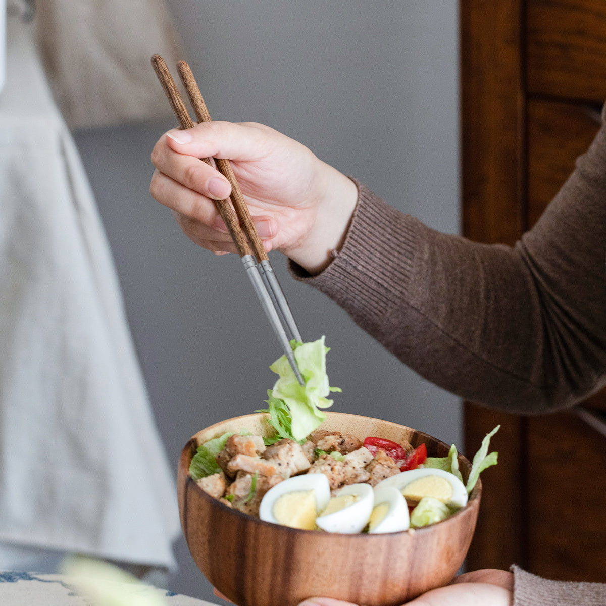 2 pares de palillos de madera y acero inoxidable para comer y cocinar