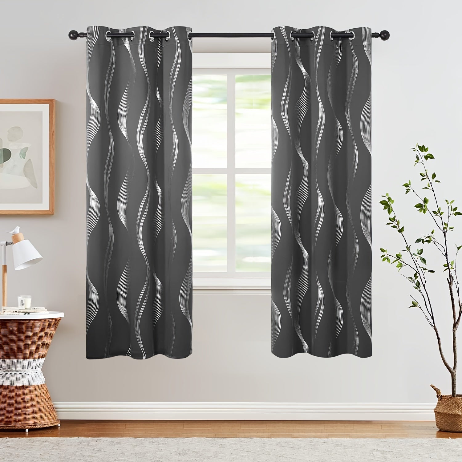 Contemporary Blackout Curtains 2 Pieces Woven Polyester Grommet Top Room Darkening