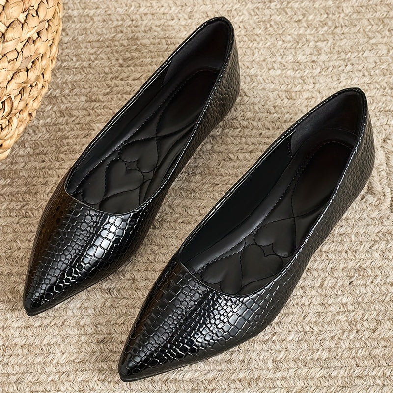 Women's Pointed Toe Flats Black Textured Slip-On Shoes Comfortable Casual Dressy