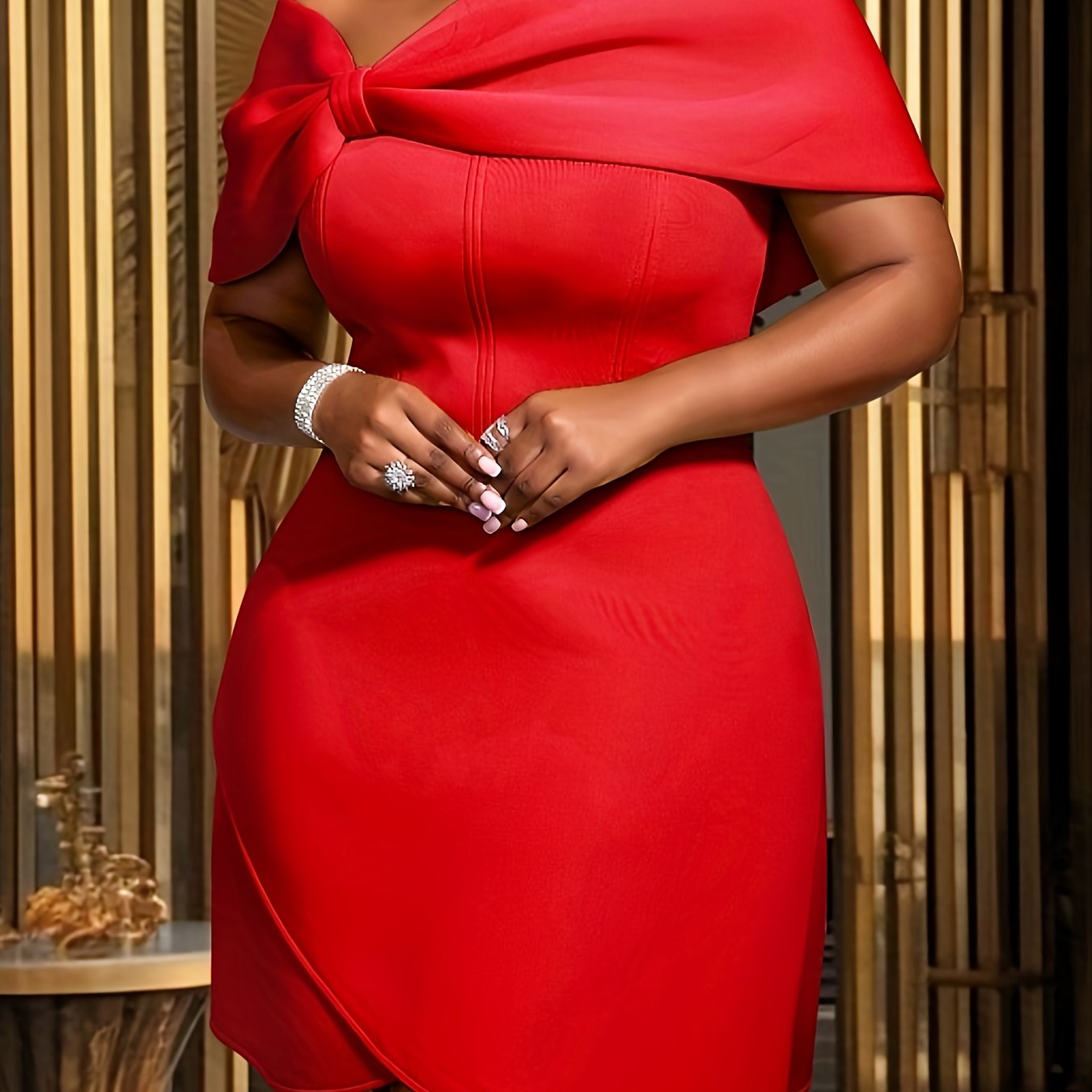 Women's Red Off-Shoulder Bodycon Party Dress with Bow Detail