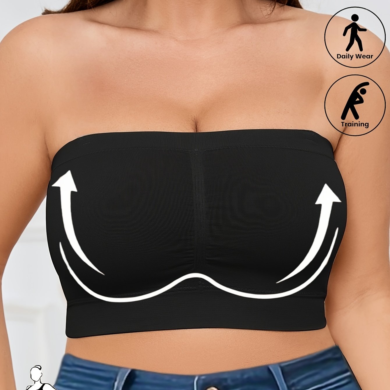 Women's Seamless Plus Size Black Strapless Sports Bra for Yoga Fitness