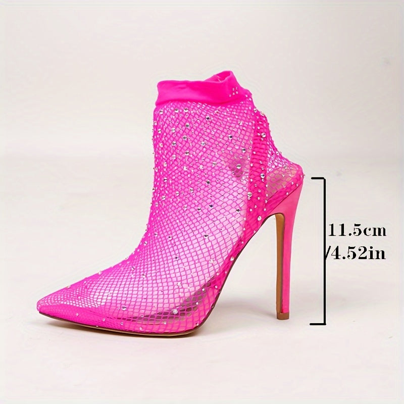 Women's Mesh Short Boots with Pointed Toe and Strappy Heels for Nightclub and Party