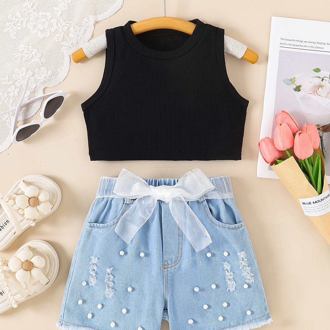 Qizlar uchun tank top va marvarid dizaynli shortlar to'plami, yozgi har kuni kiyish uchun mukammal. Qizlar uchun ajoyib sovg'a g'oyasi.