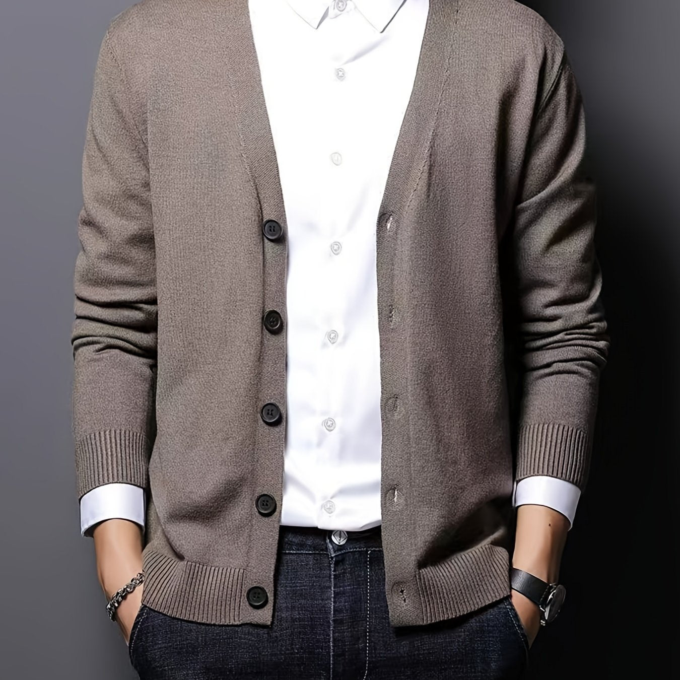 Men's Plus Size V-Neck Cardigan Viscose Blend Long Sleeve Rib Knit Semiformal Spring Fall