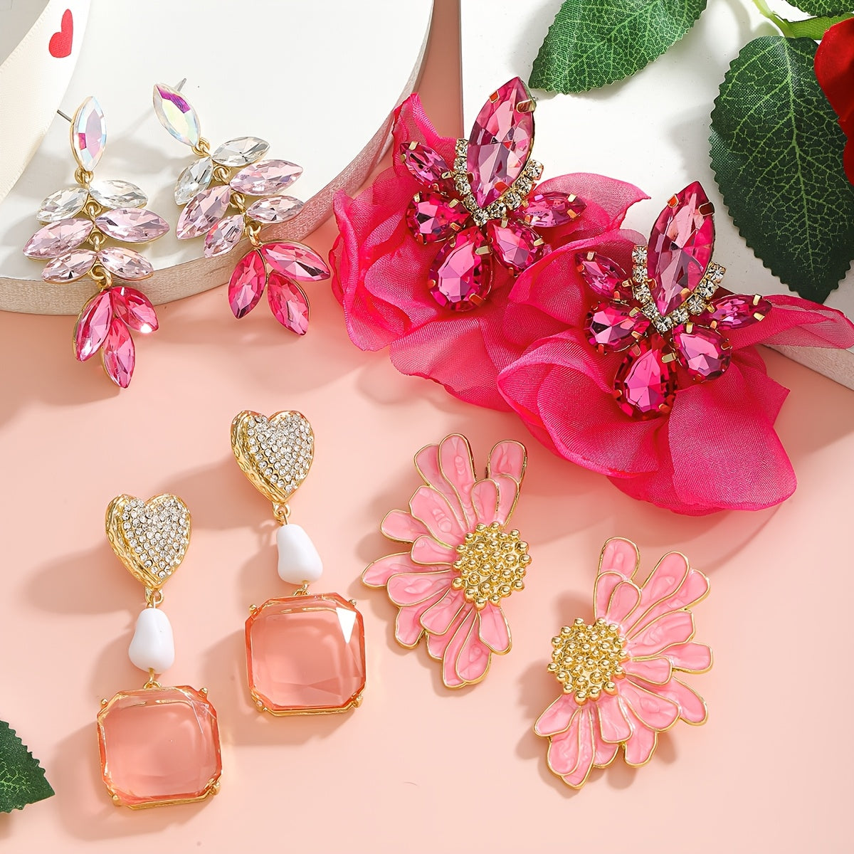 Pink Rhinestone Flower Heart Dangle Earrings for Women Jewelry Gift