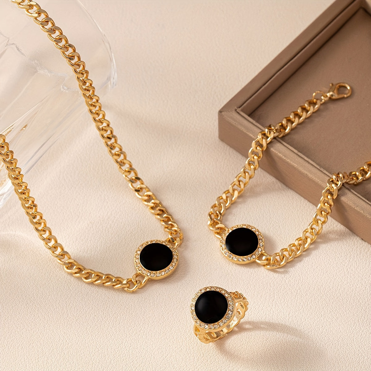 Black Circular Jewelry Set Necklace Ring Bracelet 3-Piece Stylish Accessories