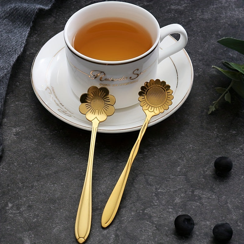 Set of 8 Flower-Shaped Stainless Steel Spoons for Tea Coffee Dessert Gold Silver