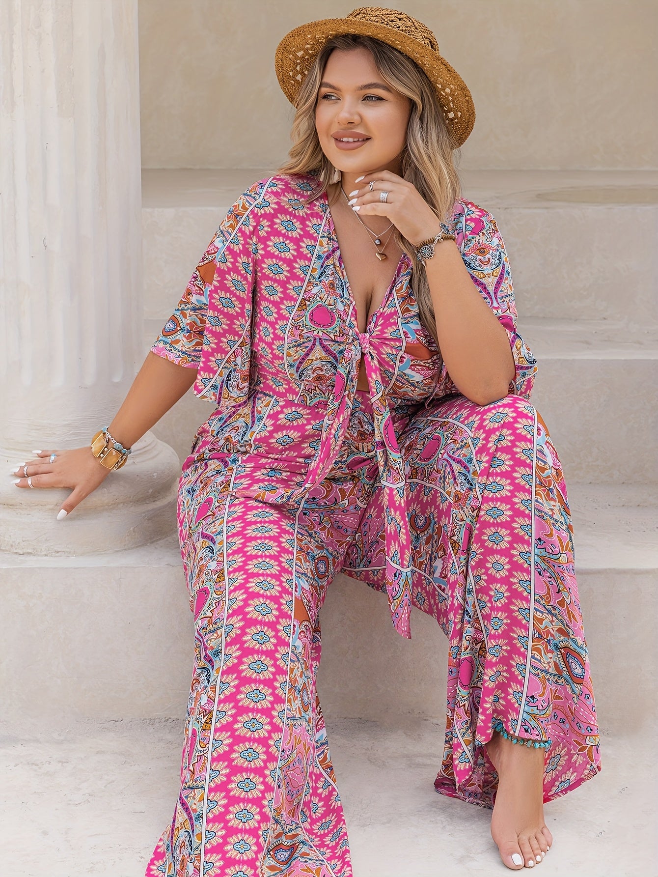 Plus Size Women's Bohemian Floral Print V-Neck Jumpsuit Long Sleeve