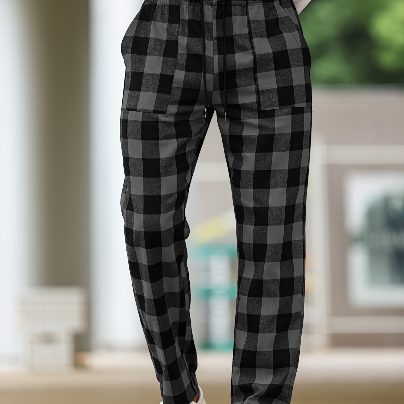 Men's Casual Plaid Woven Polyester Drawstring Lounge Pants