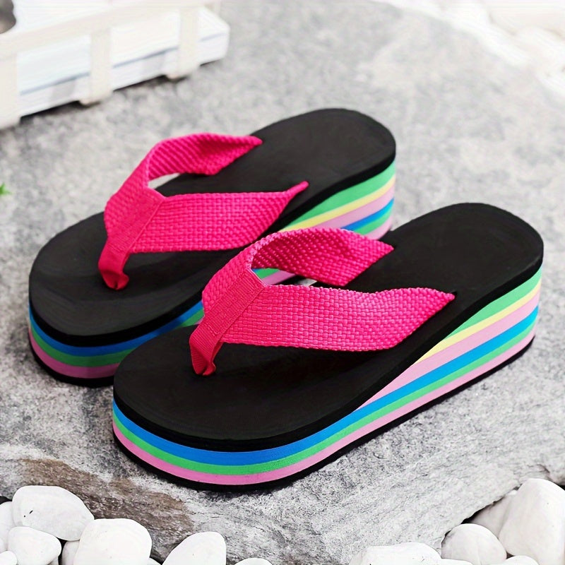 Women's Summer Flip Flops with High Heels and Rainbow Sole for Seaside Vacation