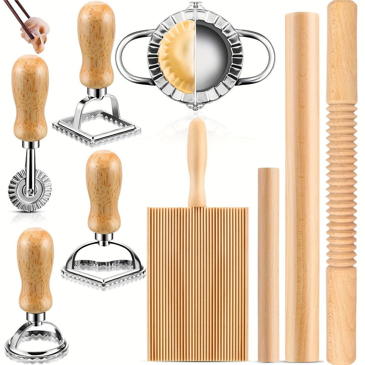 Set of 9 Pasta Making Tools Including Gnocchi Board Noodle Cutter and Ravioli Stamp