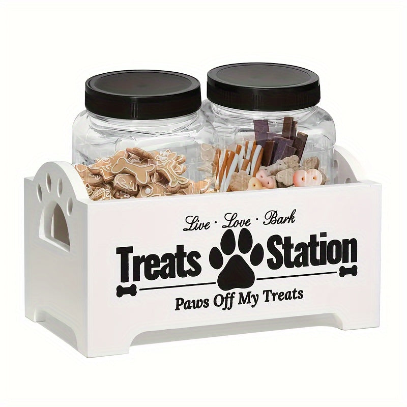 Wooden Pet Treat Storage Station with 2 Plastic Jars for Dog Snacks and Treats