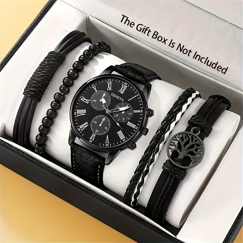 Set of 5 Casual Men's Quartz Watches with PU Leather Straps and Tree of Life Jewelry