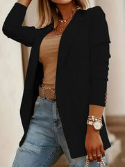 Ayollar uchun Elegant Plus Size Polyester Blazer - Yengil yaka, Bir rangli, Cho'zilmaydigan mato, To'qilgan, Bahor/Kuz modasi, Oddiy moslashuv bilan soxta tugmalar - 1 dona