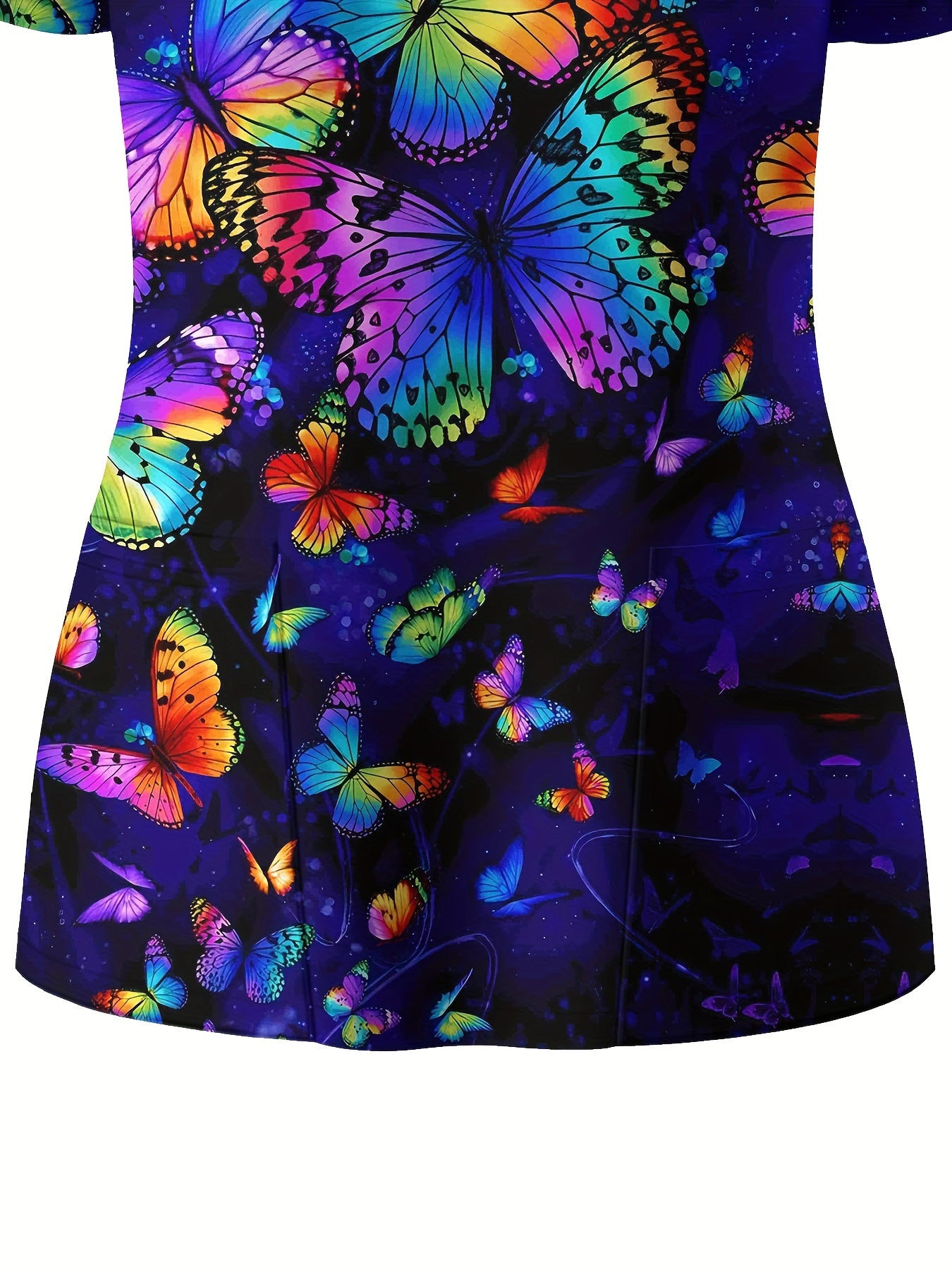 Women's Plus Size Butterfly Print V-Neck Short Sleeve Top with Pockets