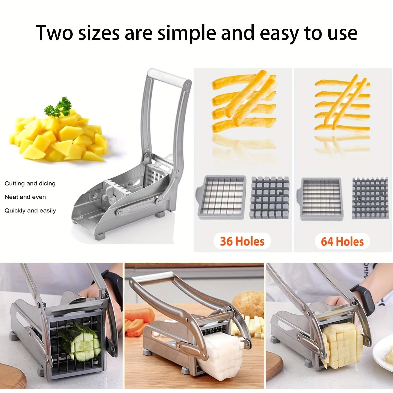 Stainless Steel French Fry Cutter with Non-Slip Grip 1/2 Inch and 3/8 Inch Blades for Fruits and Vegetables