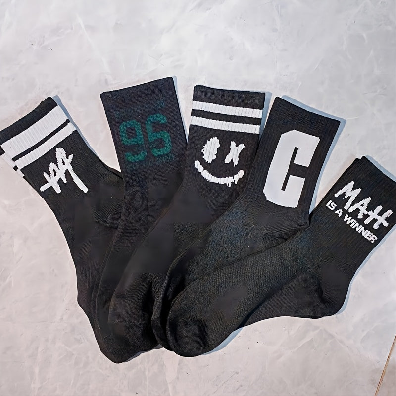 Unisex Cotton Blend Crew Socks 5 or 10 Pairs with Fun Alphabet Patterns for Autumn Winter Anti-Odor Sweat Absorption
