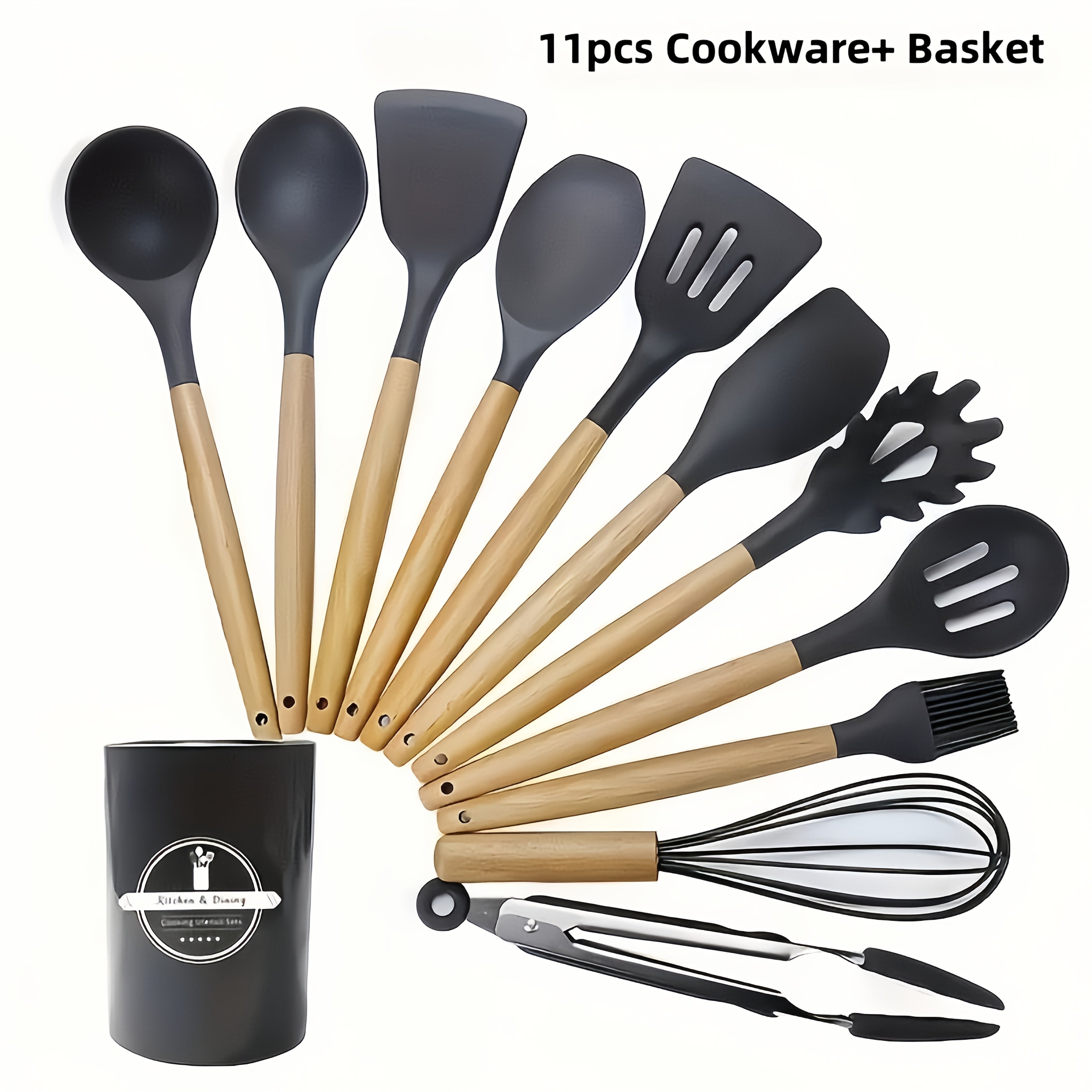 Набор из 12 антипригарных кухонных принадлежностей с подставкой - включает в себя лопатку с деревянной ручкой, щипцы, шпатель и многое другое - идеально подходит для домашних кухонь