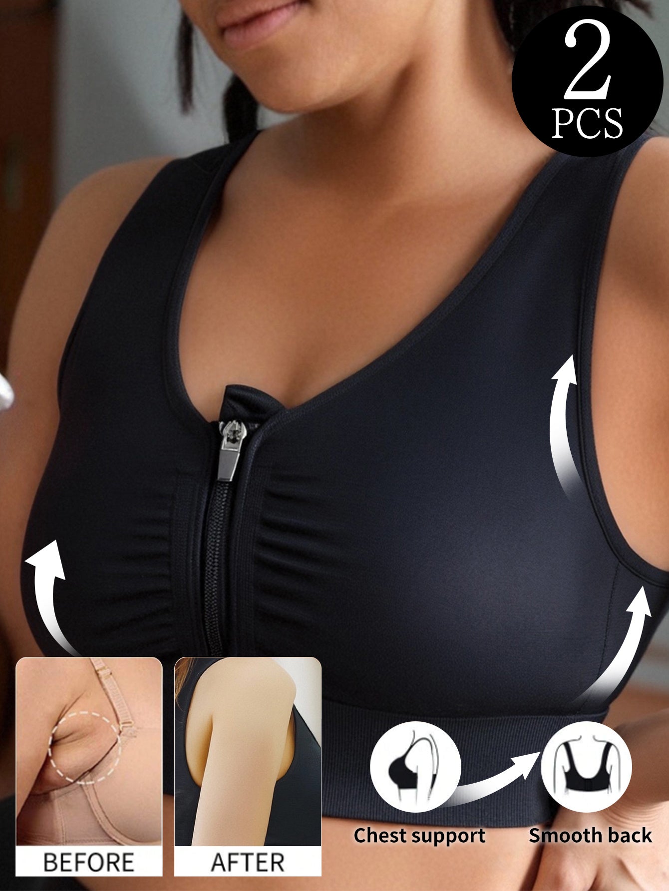 Women Plus Size Seamless Breathable Sports Bras Zipper Front Black Navy