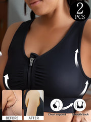 Women Plus Size Seamless Breathable Sports Bras Zipper Front Black Navy