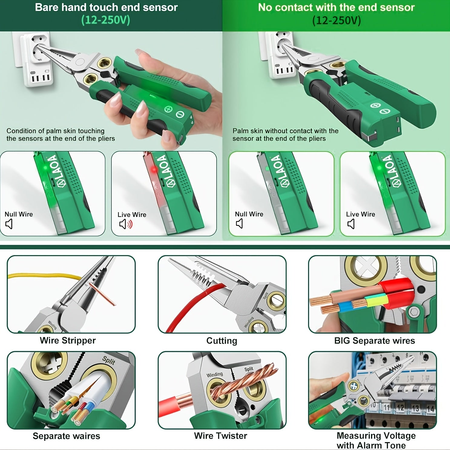 8-in-1 sim kesgichlar bilan simlarni kesish va bosish uchun kuchlanish testi va kabel kesgichlari