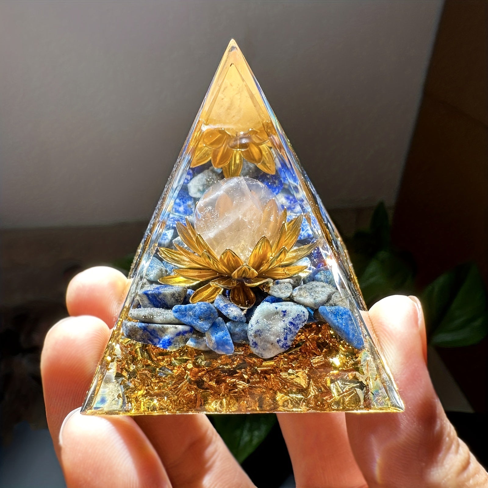 Handmade Orgone Crystal Pyramid with White Crystal and Lapis Lazuli for Meditation and Home Decor