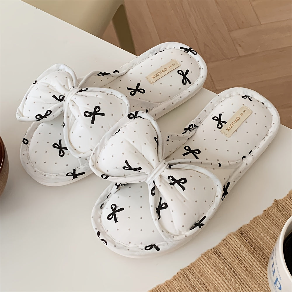 Women's Soft Sole Slip-On Slippers Black White Polka Dot Bow All-Season