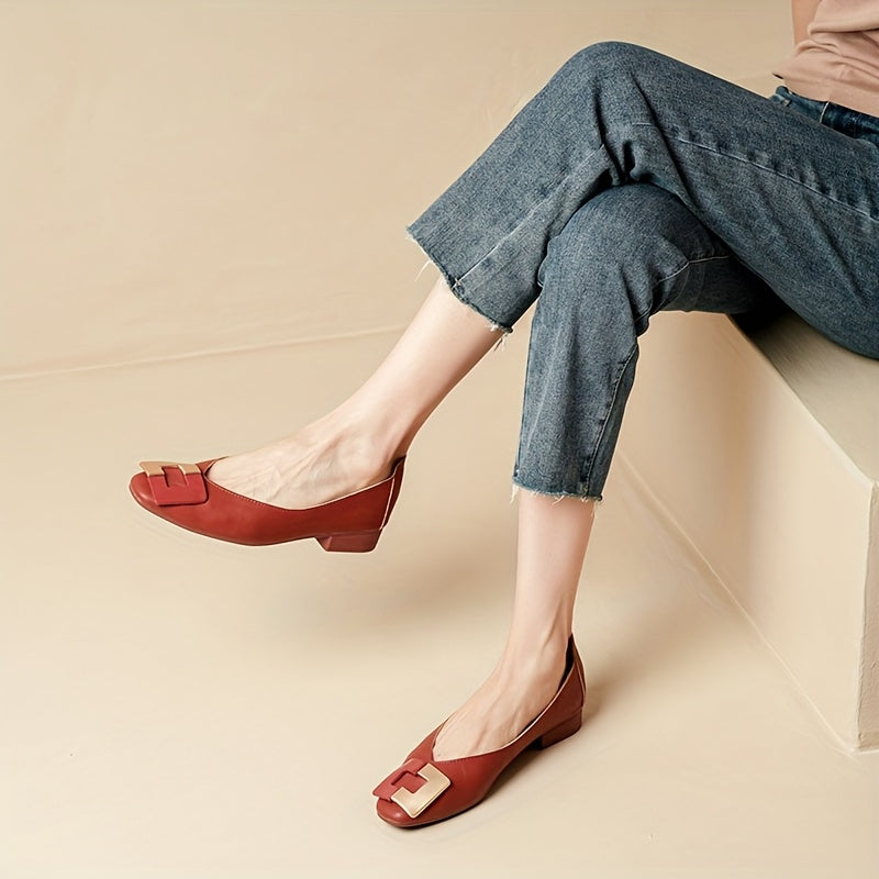 Women's Black Chunky Heel Pumps with Metallic Buckle Square Toe Work Shoes