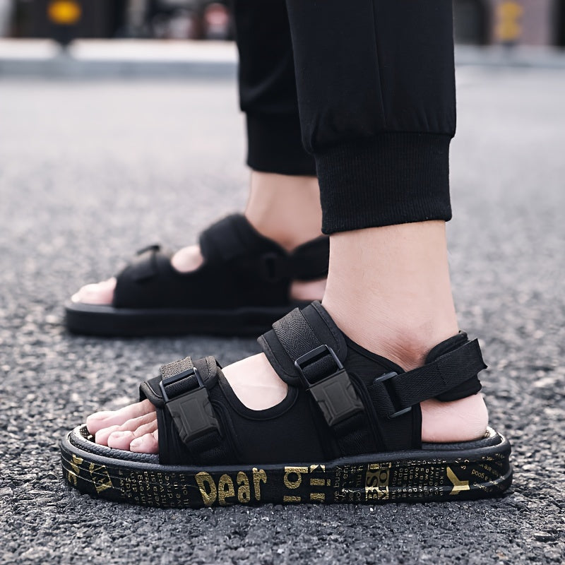 Men's Black Fabric Sandals with Yellow Dear Print Hook and Loop Fastener Anti-Skid Rubber Sole