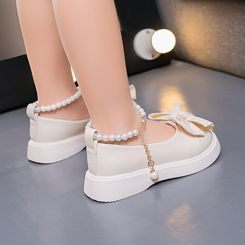 Girls' PU Mary Jane Flats with Pearl and Bow Accents for Parties and Casual Wear