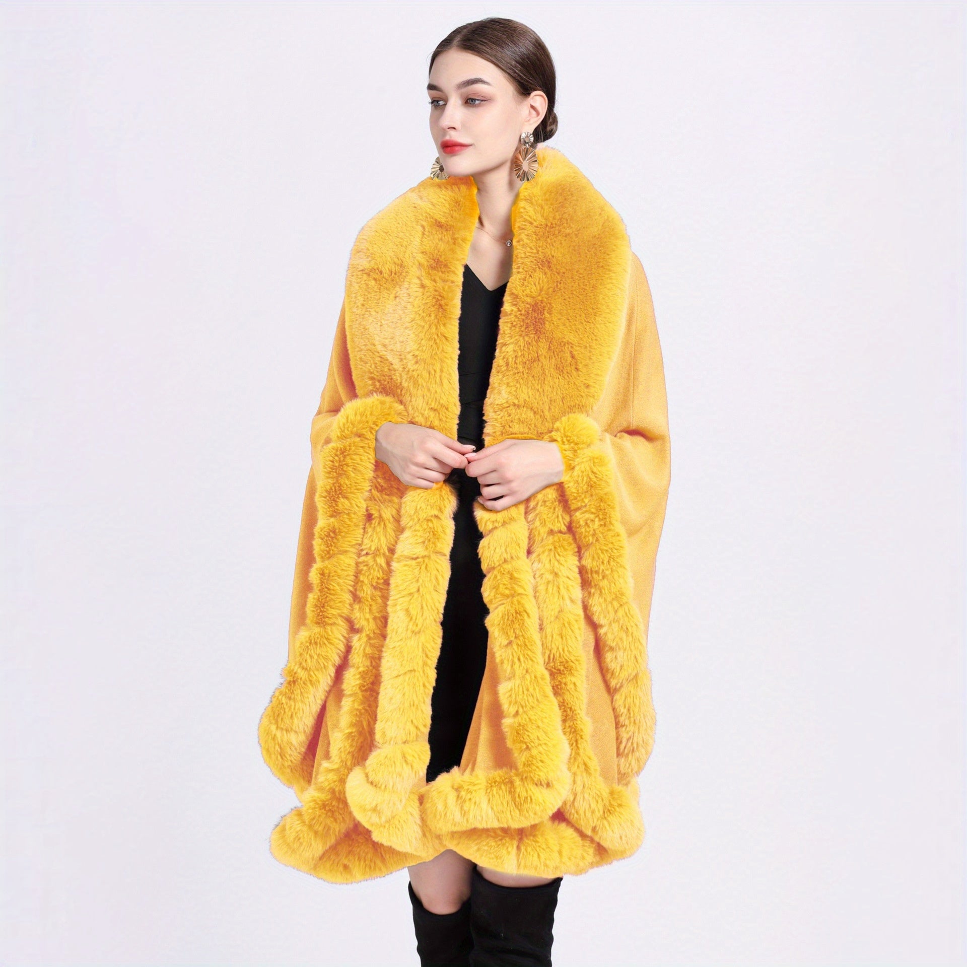 Women’s Warm Oversized Faux Fur Collar Cardigan Cape Autumn Winter Windproof Shawl