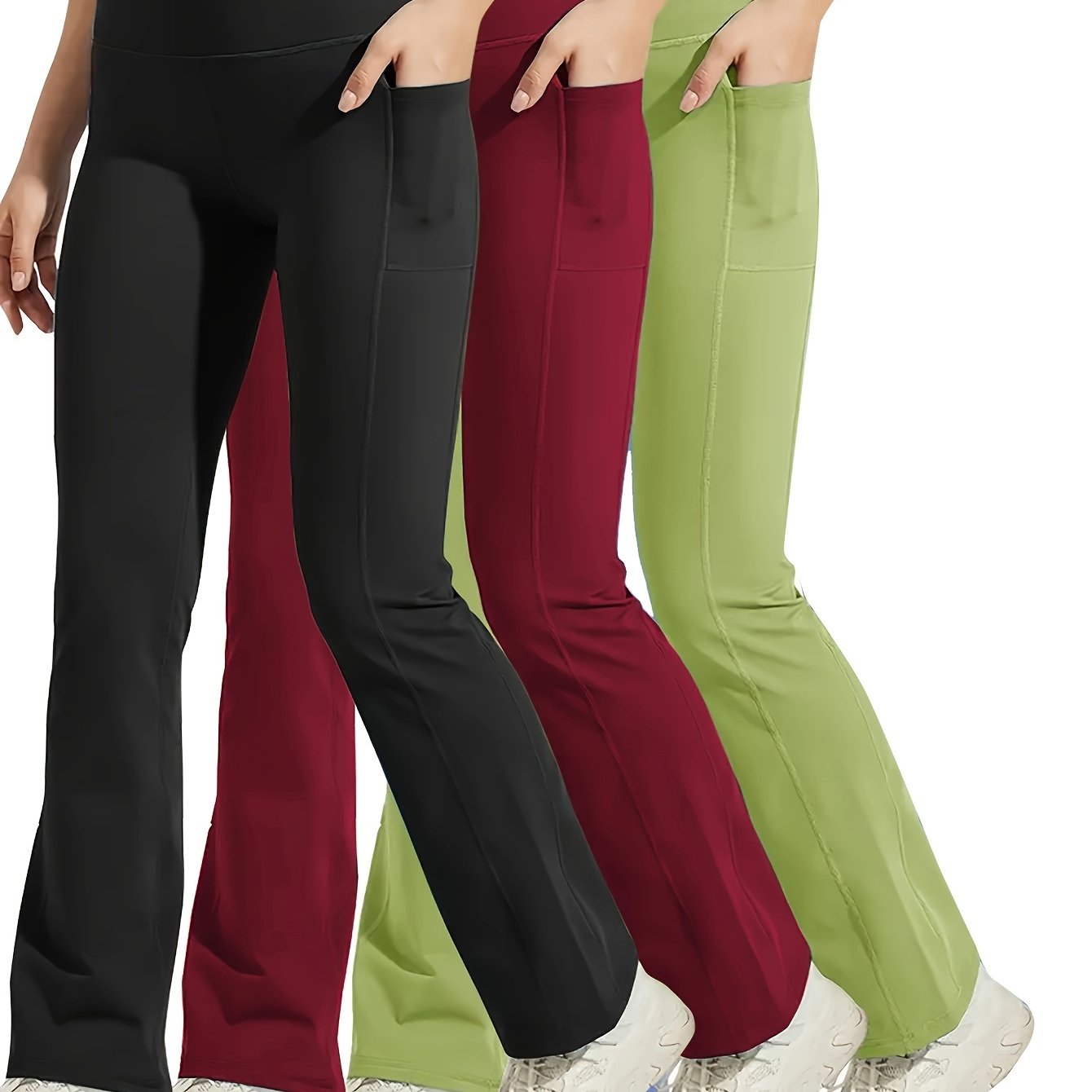Women Plus Size Flared Yoga Pants With Phone Pockets Black Burgundy Maroon