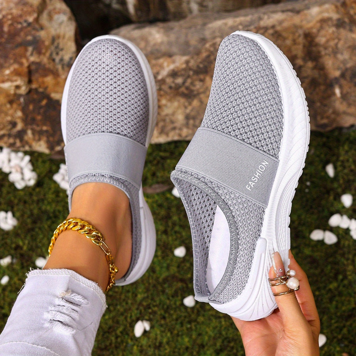 Women's White Slip-On Casual Sneakers Breathable Fabric Lightweight PVC