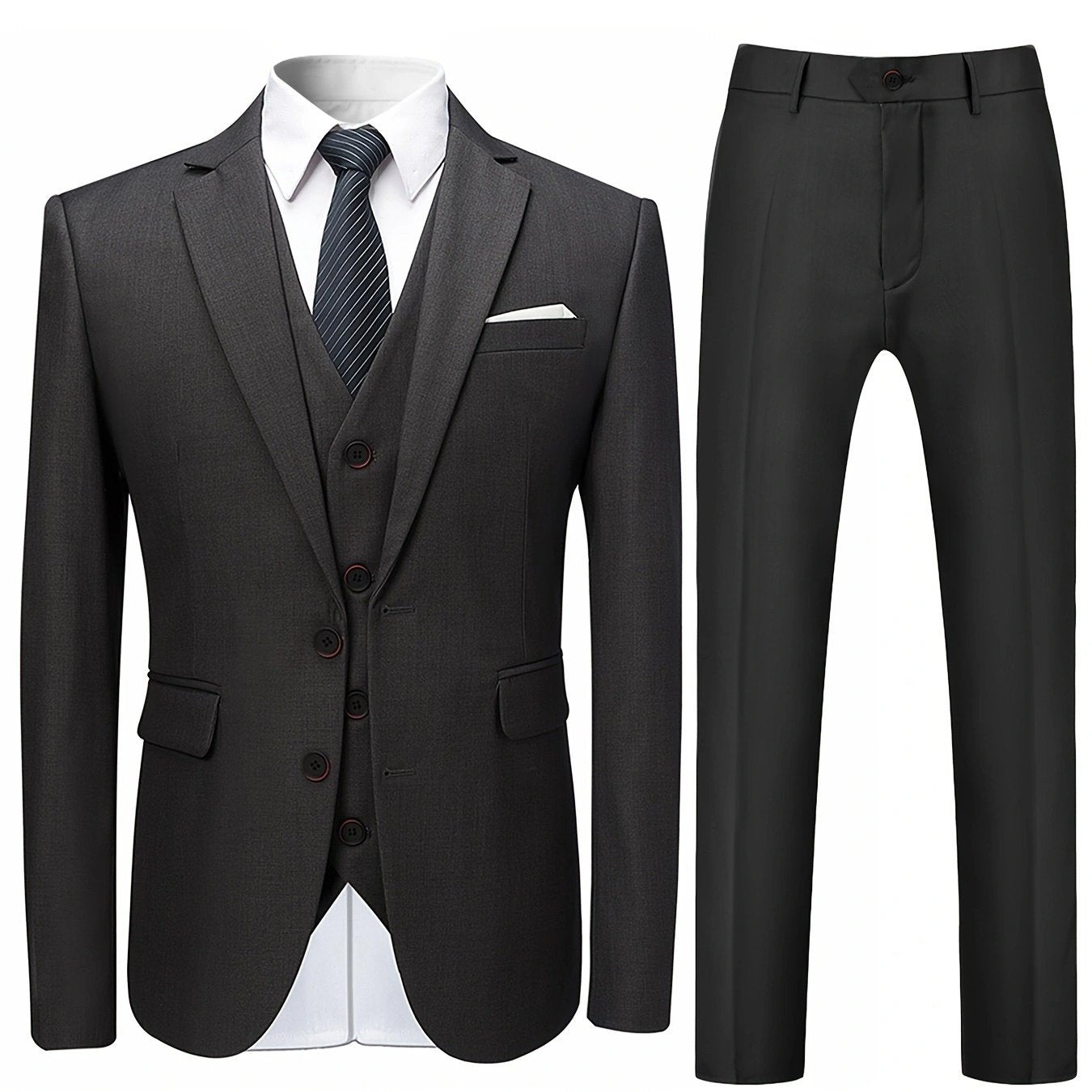 Men's Solid Color Woven Polyester Three-Piece Suit Set with Lapel Collar and Long Sleeves