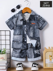 Boys Summer Denim Shirt and Shorts Set Short Sleeve Casual Kids Clothing