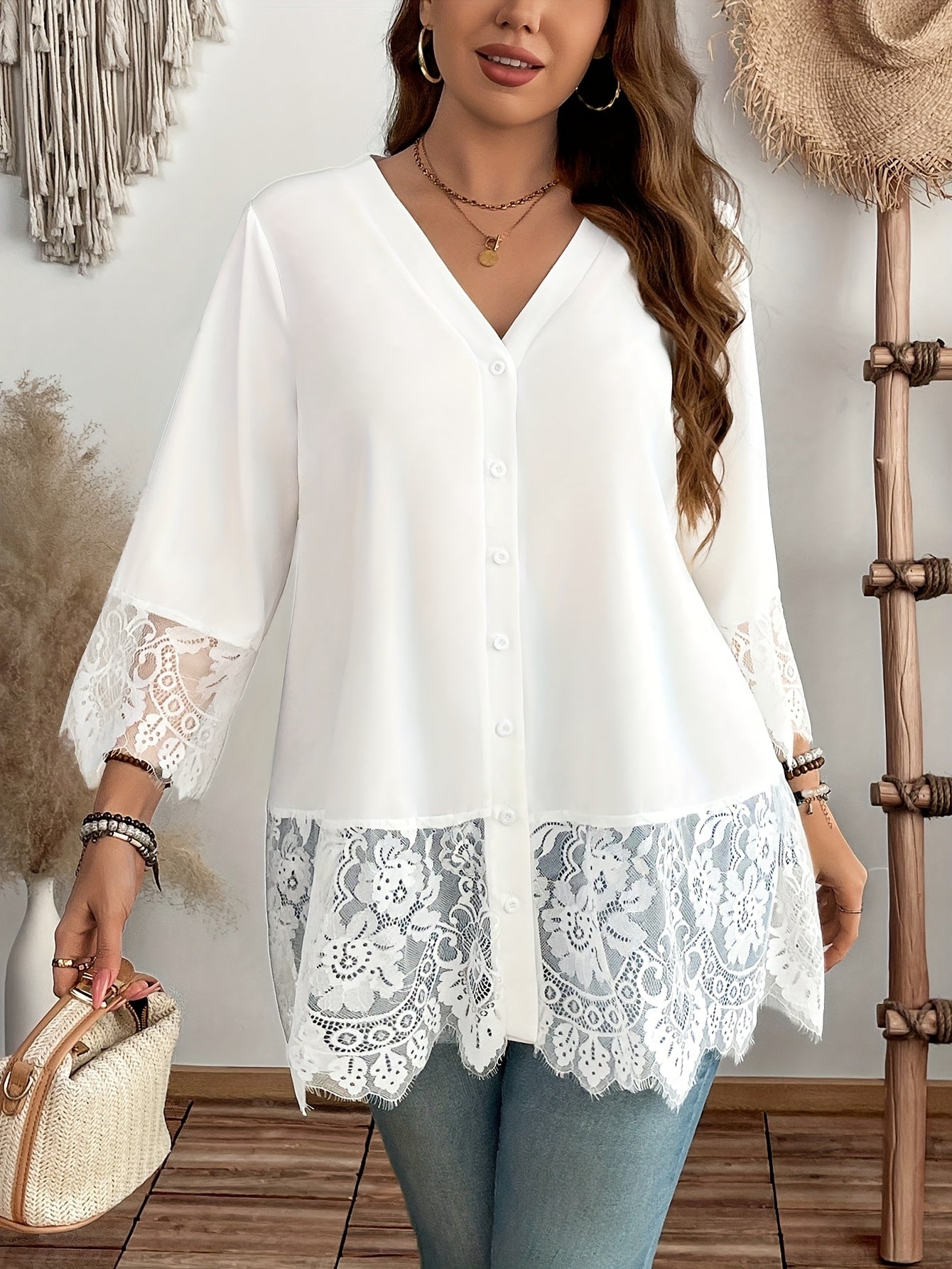 Camiseta de encaje para mujer talla grande con manga larga y contraste