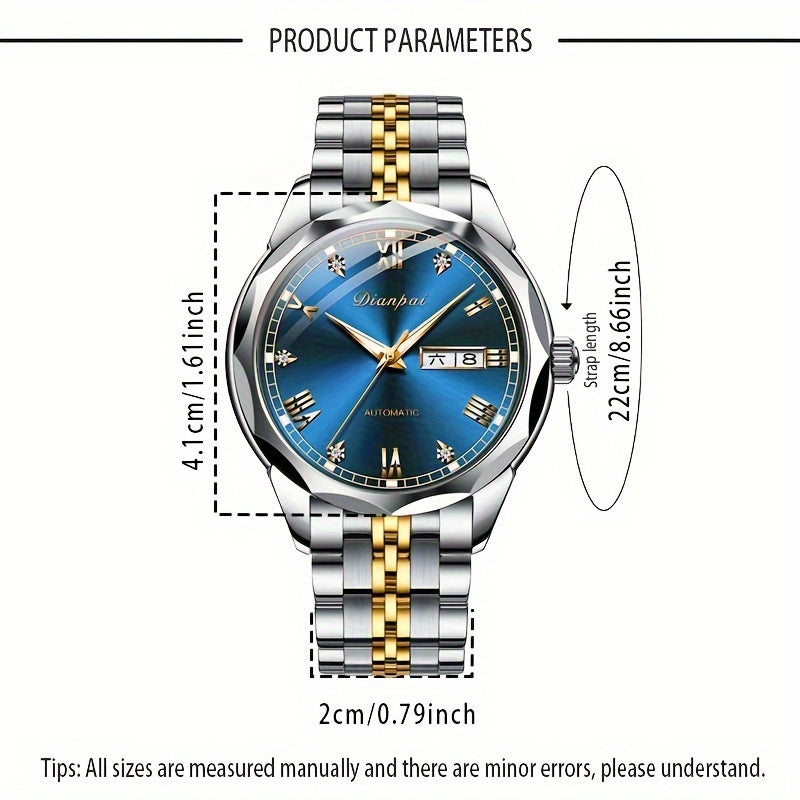 Men's Luxury Automatic Mechanical Watch with Luminous Calendar Stainless Steel Business Style Rhinestone Accents