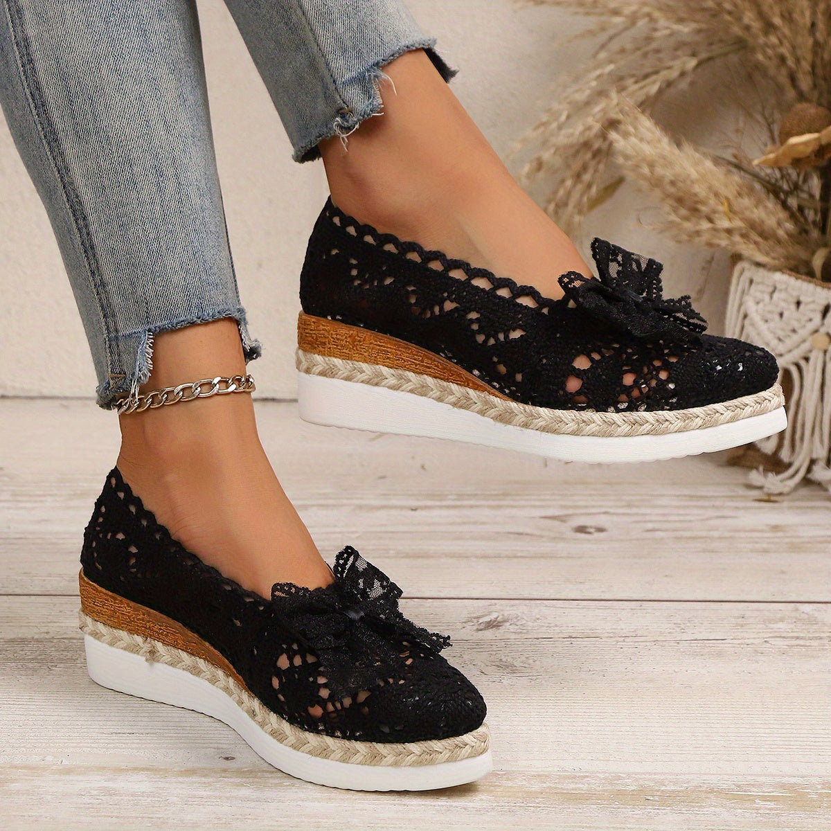 Women's Pointed Toe Espadrille Wedge Shoes with Bow Black Fabric Platform