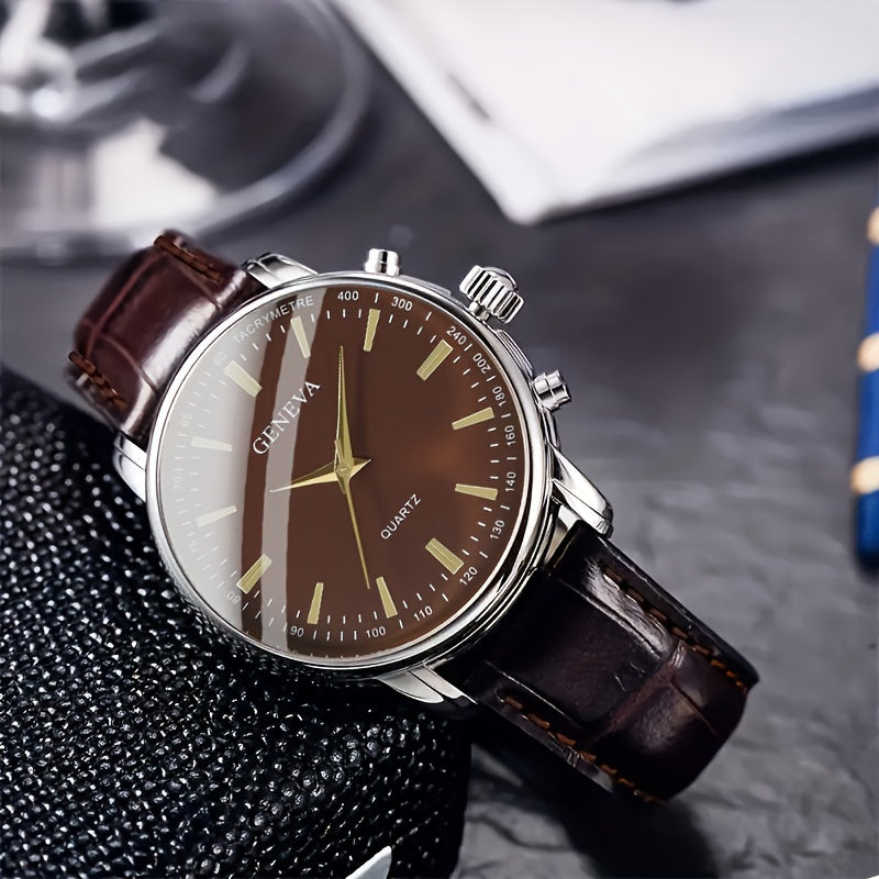 Reloj de cuarzo para hombre con esfera circular, correa de cuero sintético, caja duradera de aleación de zinc