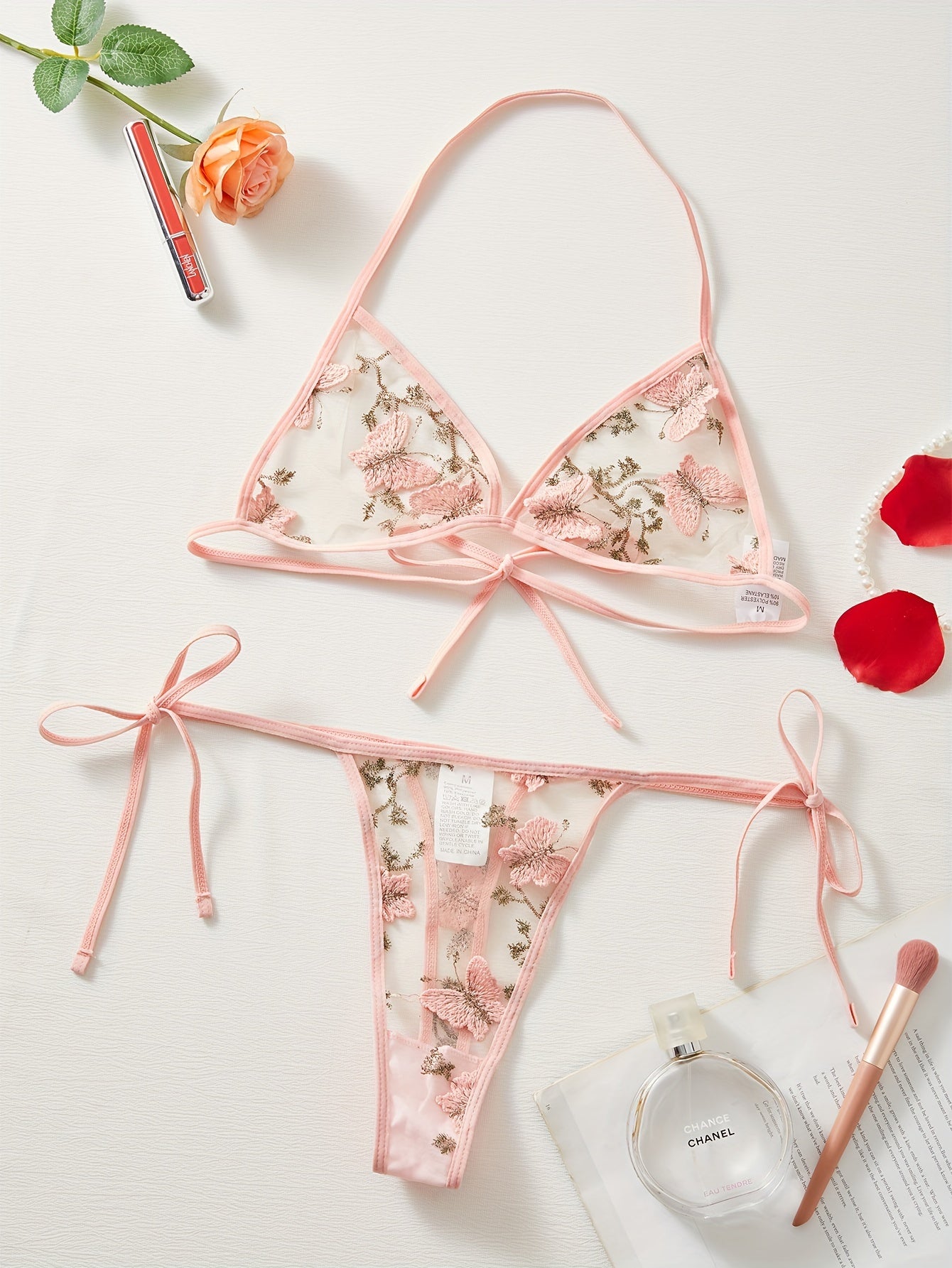 Women's Embroidered Lace Bra Set with Three-Point Design