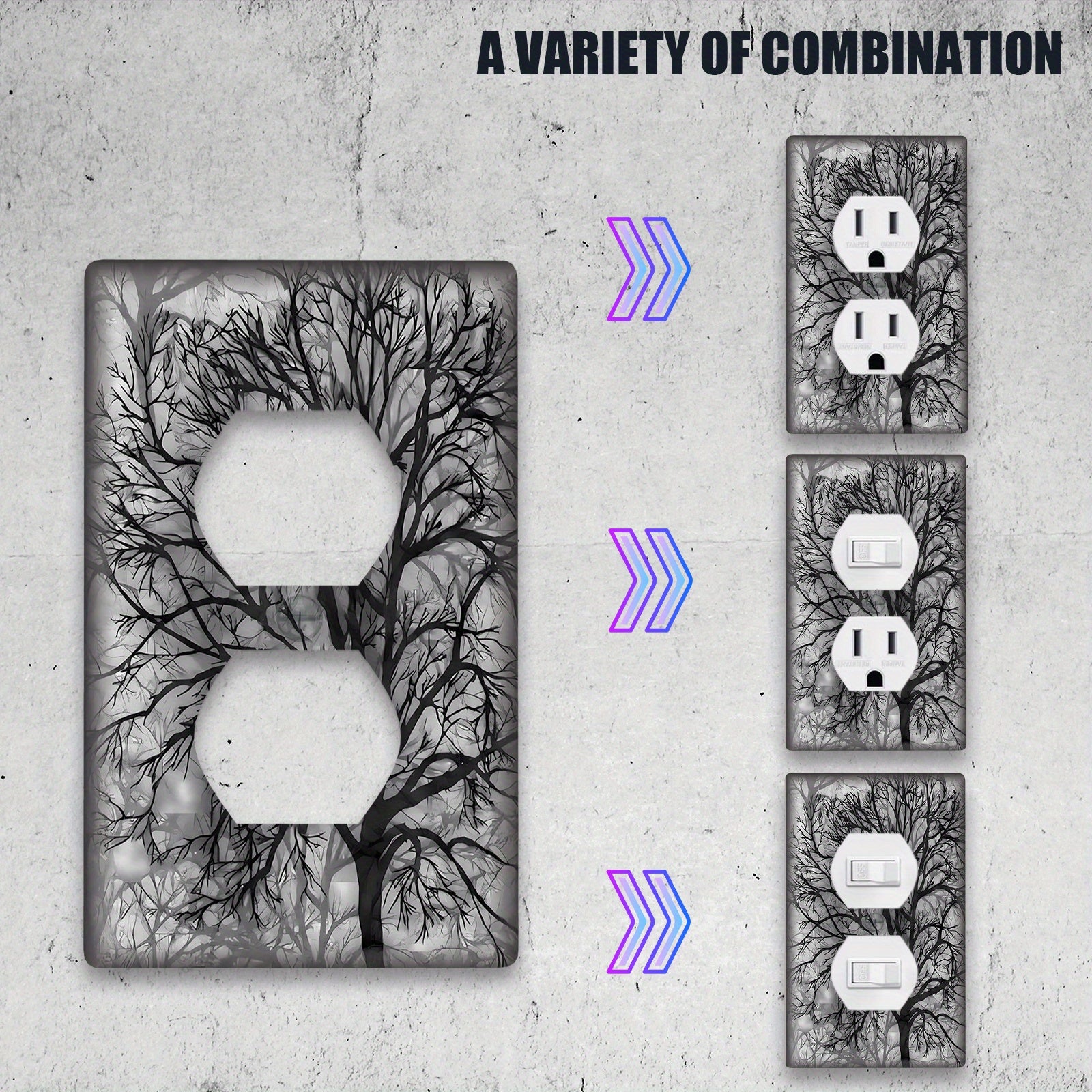 Cubierta de placa de interruptor con diseño de árbol en negro y gris para placa de pared de 1 o 2 gang