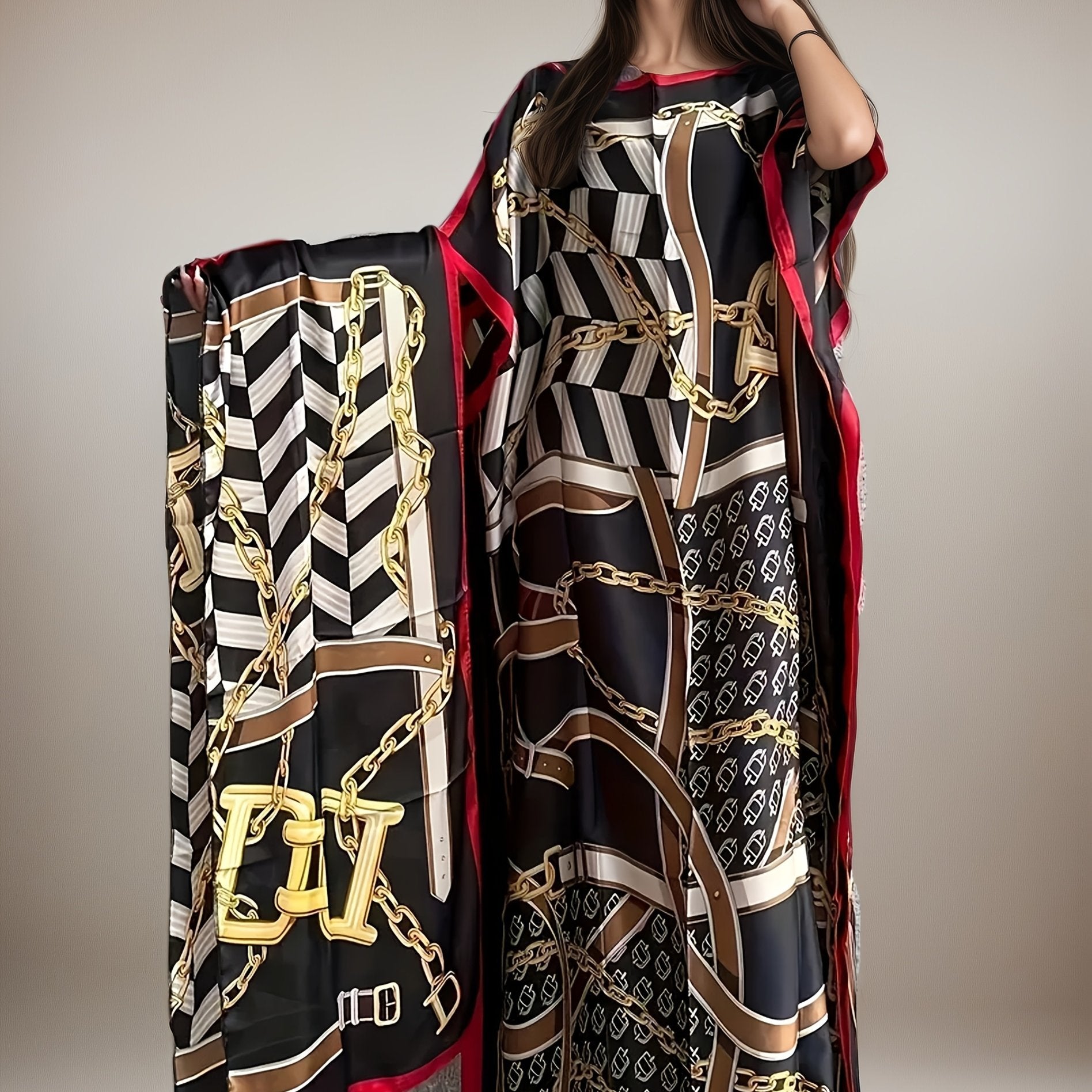 Women's Plus Size Geometric Chain Print Dress with Bat Sleeves and Scarf