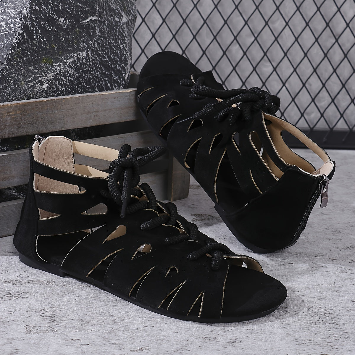 Women's Gladiator Sandals Open Toe Flat Heel Lace-Up Fabric Shoes