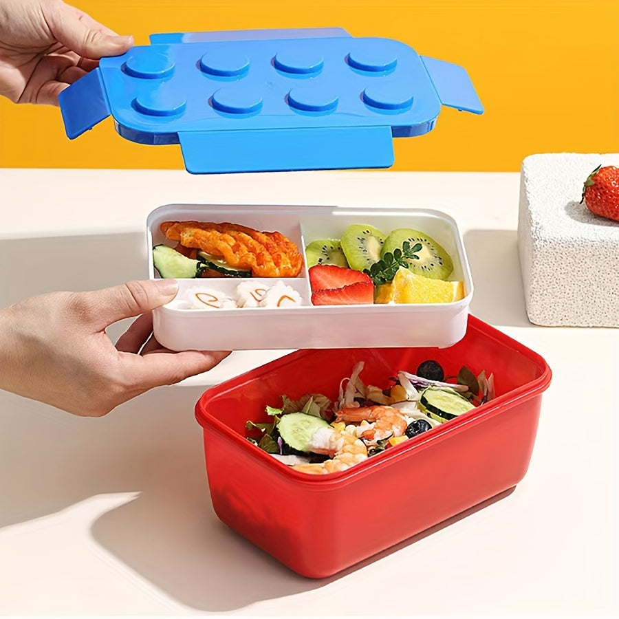 Qizil va ko‘k qurilish bloklari tushlik qutisi, idishlar bilan, suv o'tkazmaydigan, mikroto‘lqinli pechga mos, 3 bo‘limli Bento
