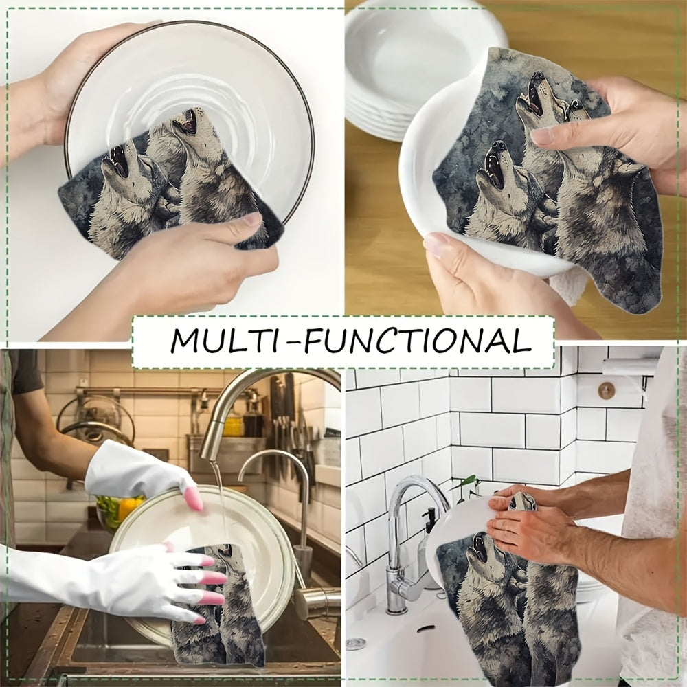 Set of 2 Watercolor Wolf Kitchen Towels, Absorbent, Machine Washable