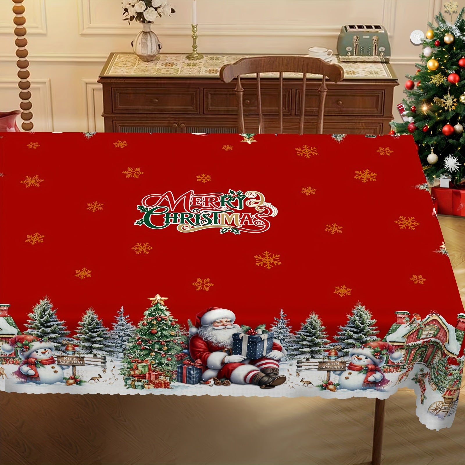 Christmas Tablecloth with Santa Snowman and Tree Patterns Polyester for Round and Rectangular Tables