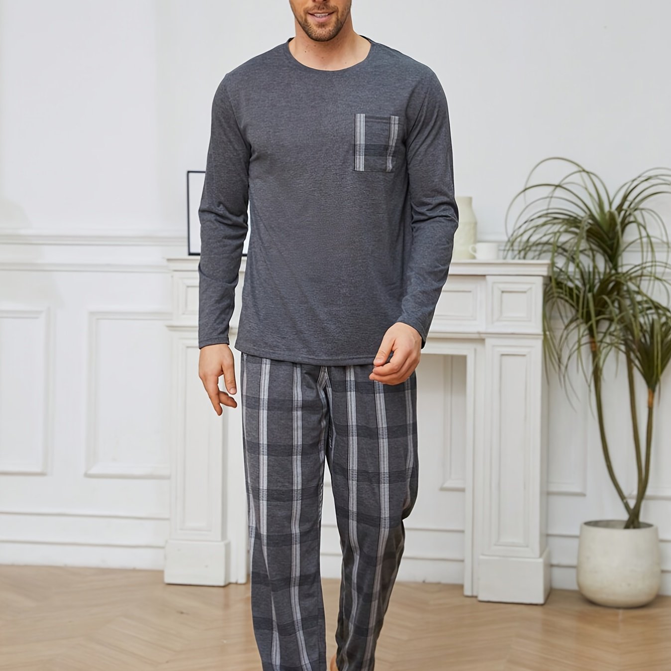 Conjunto de pijama de cuadros gris oscuro para hombre con bolsillos, manga larga, cuello redondo, poliéster